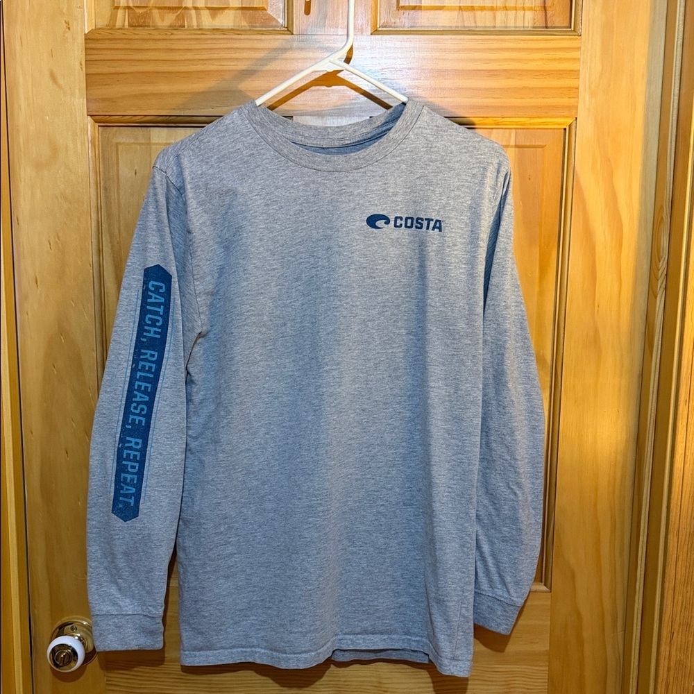 Costa Gray Long Sleeve Tee with Blue Graphic “Catch Release Repeat”, Size Medium
